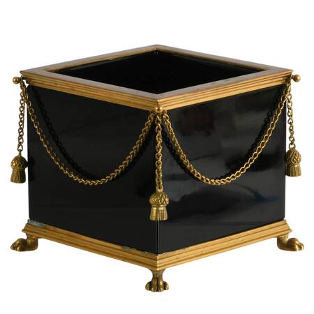 Footed Brass and Black Opaline Glass Cache Pot with Tassel Motif