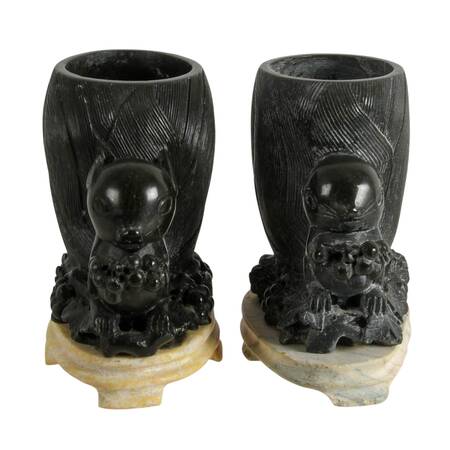 Pair of Carved Stone Squirrel Vases