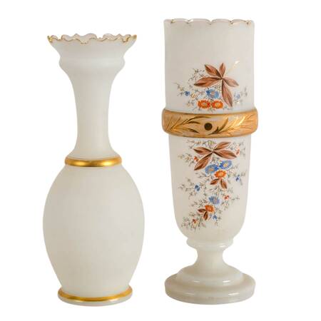 Antique Pair of Frosted Glass Vases Including a Hand-Painted Floral One