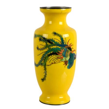 Japanese Shippo Enamel Cloisonné Phoenix Vase with Pure Silver Rims