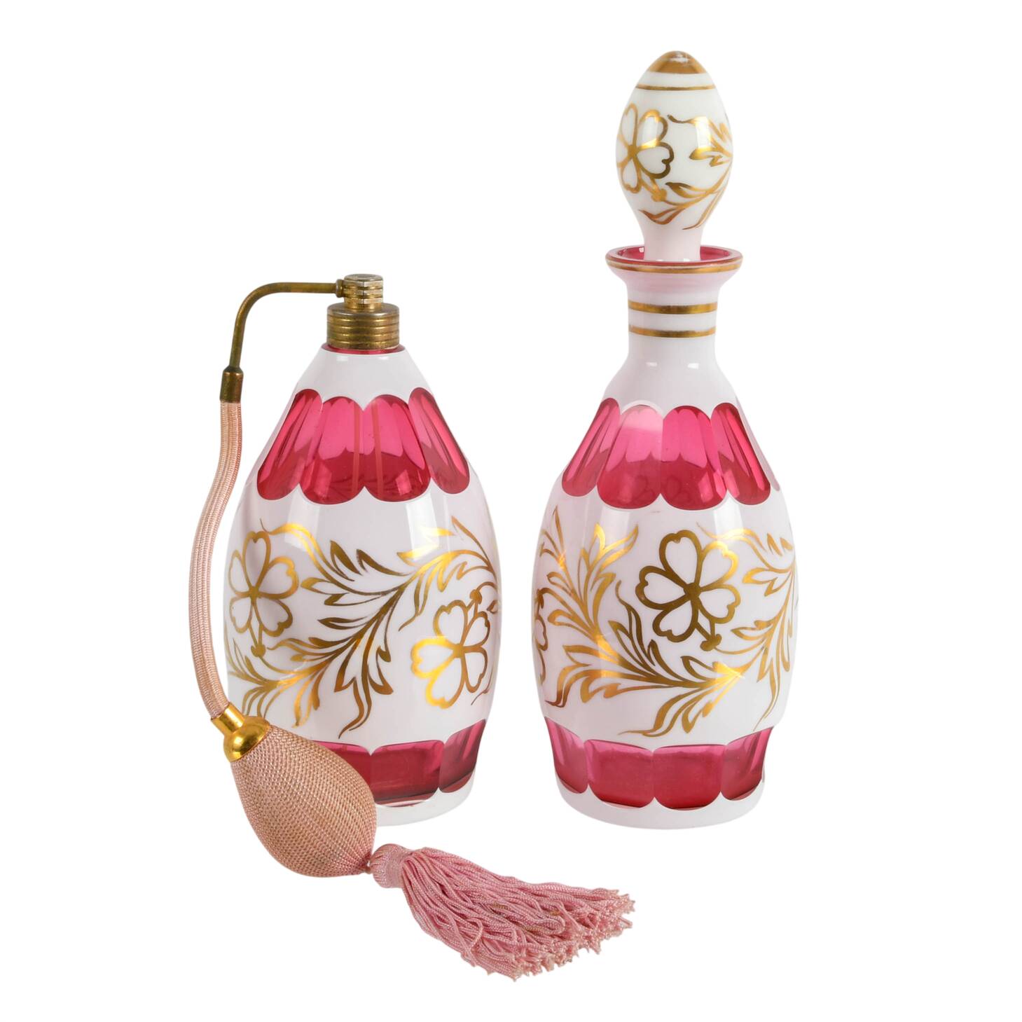 Antique Bohemian Glass Set of Perfume Atomizer and Decanter