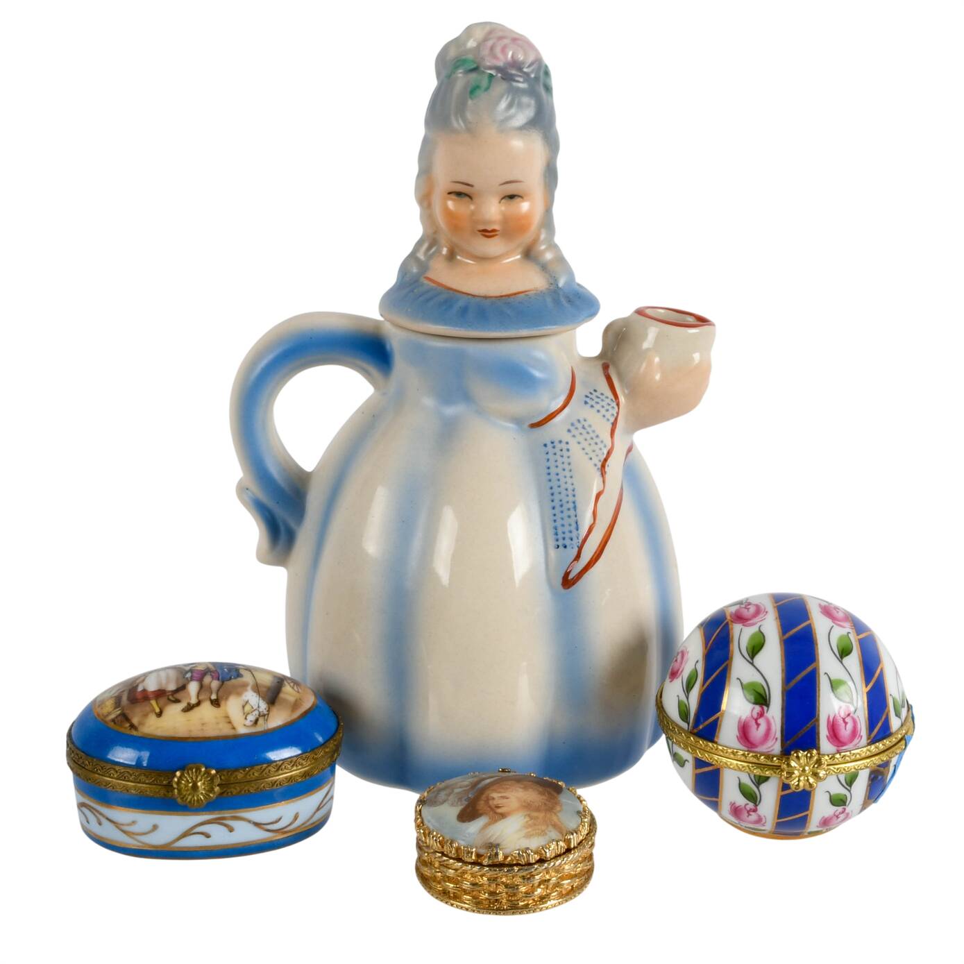 Ladies Items: Colonial Figural Cocoa Pot and 3 Trinket Boxes