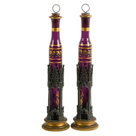 2 Georgian Dark Amethyst Glass Melissa Flasks in Bronze Cathedral Mounts