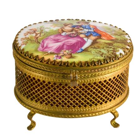 French-Style Mirrored Gilt Dresser Box with Porcelain Fragonard Scene Lid