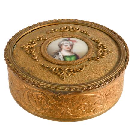 Vintage French Gilt Metal Miniature Portrait Jewelry Box