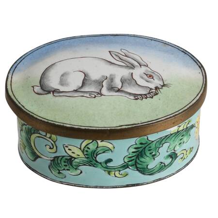 1940's Chinese Enameled White Rabbit Trinket Box with Lid
