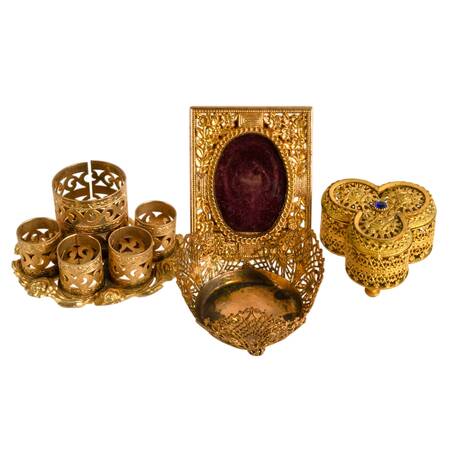 Four Piece Vintage Hollywood Regency Gold Filigree Vanity Set