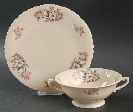 Moss Rose (Scalloped, No Trim) Footed Cream Soup Bowl & Saucer Set