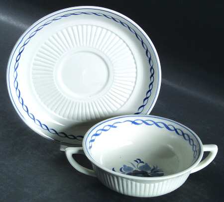 Baltic Blue (Newer, White) Flat Cream Soup Bowl & Saucer Set