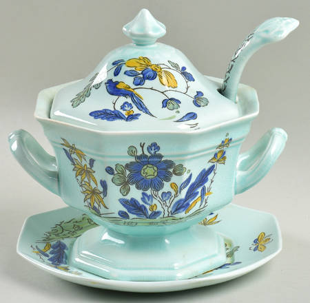Blue Parrot (Celadon) Sauce Boat & Lid & Underplate & Ladle