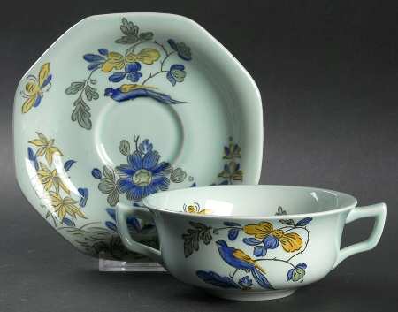 Blue Parrot (Celadon) Flat Cream Soup Bowl & Saucer Set