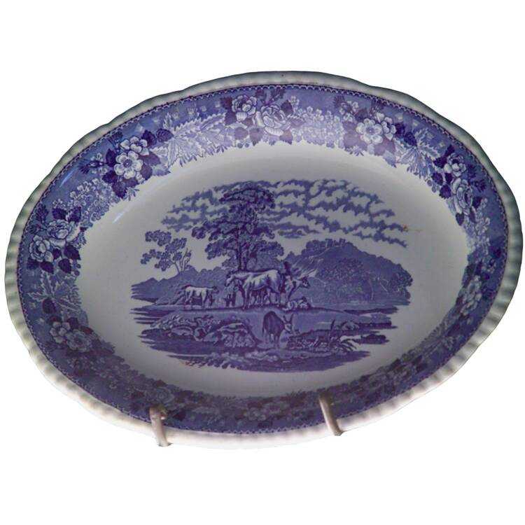 Cattle Scenery Blue (No Trim, Scalloped) 14" Oval Serving Platter