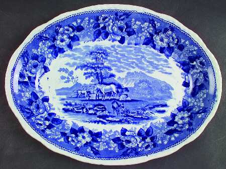 Cattle Scenery Blue (No Trim, Scalloped) 14" Oval Serving Platter