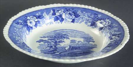 Cattle Scenery Blue (No Trim, Scalloped) Large Rim Soup Bowl