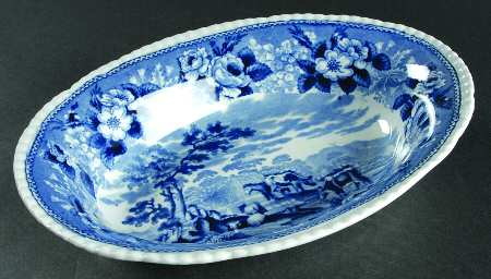 Cattle Scenery Blue (No Trim, Scalloped) 10" Oval Vegetable Bowl