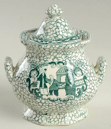 Chinese Bird Green Sugar Bowl & Lid
