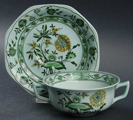 Chinese Garden Green Flat Cream Soup Bowl & Saucer Set