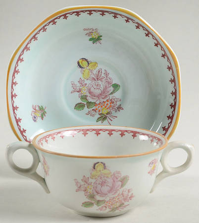 Chelsea Sprays Red (Fleur-De-Lis) Flat Bouillon Cup & Saucer