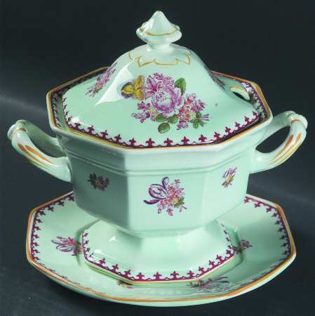 Chelsea Sprays Red (Fleur-De-Lis) Sauce Boat & Lid with Underplate