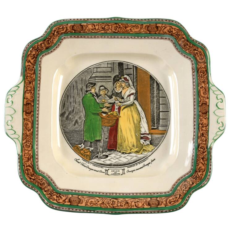 Cries of London (Green & Brown rim) Square Handled Cake Plate