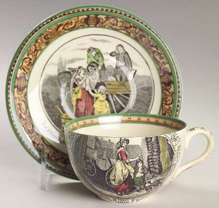 Cries of London (Green & Brown rim) Flat Cup & Saucer Set by Adams China