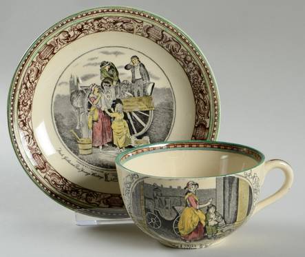 Cries of London (Green & Brown rim) Flat Cup & Saucer Set
