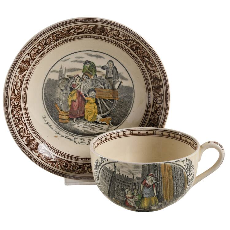 Cries of London (Brown Border) Flat Cup & Saucer Set