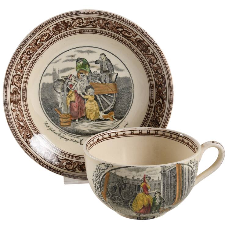 Cries of London (Brown Border) Flat Cup & Saucer Set