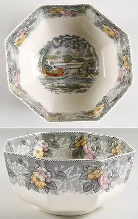 Currier & Ives Gray, Multicolor 9" Octagonal Vegetable Bowl