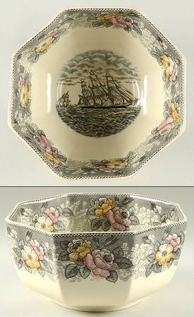 Currier & Ives Gray, Multicolor 9" Octagonal Vegetable Bowl