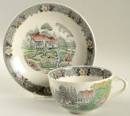 Currier & Ives Gray, Multicolor Flat Cup & Saucer Set
