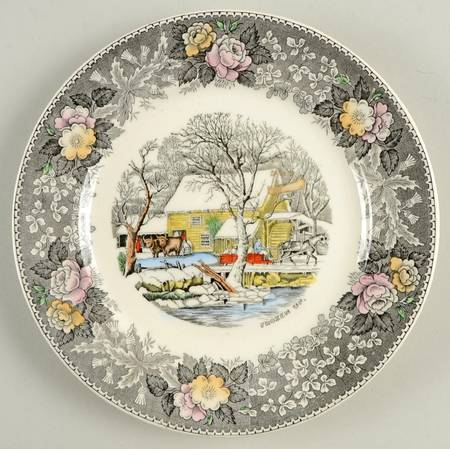 Currier & Ives Gray, Multicolor Salad Plate