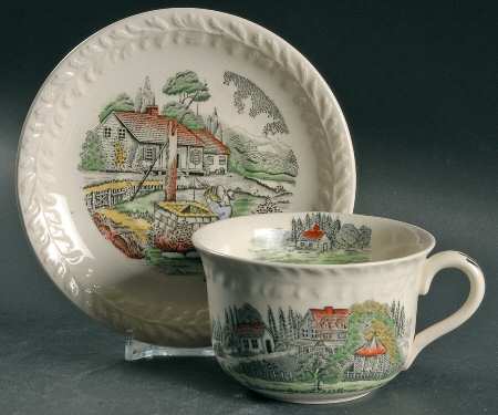 Currier & Ives (Raised Border, Cream Body) Flat Cup & Saucer Set