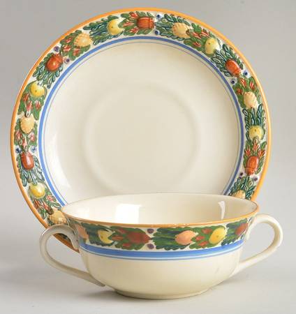 Della Robia Multicolor on Cream Flat Cream Soup Bowl & Saucer Set