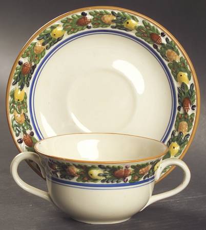 Della Robia Multicolor on Cream Flat Bouillon Cup & Saucer