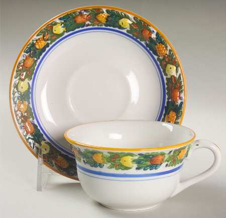 Della Robia Multicolor on White Flat Cup & Saucer Set