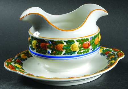 Della Robia Multicolor on White Gravy Boat with Attached Underplate