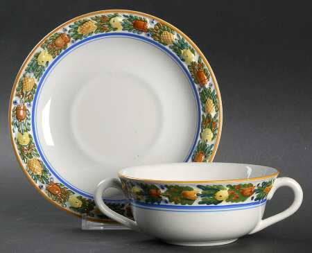Della Robia Multicolor on White Flat Cream Soup Bowl & Saucer Set by Adams China