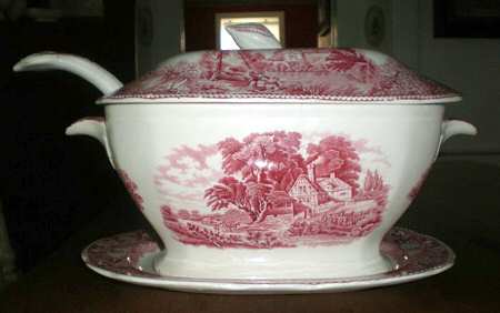 English Countryside Pink Tureen & Lid w/Ladle & Underplate
