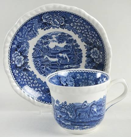 English Scenic Blue (Scalloped) Flat Cup & Saucer Set