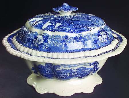 English Scenic Blue (Scalloped) Tureen &  Lid