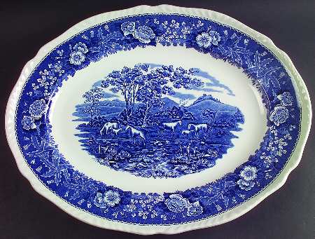 English Scenic Blue (Scalloped) 17" Oval Serving Platter