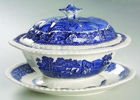 English Scenic Blue (Scalloped) Sauce Boat & Lid with Underplate