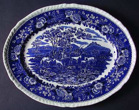 English Scenic Blue (Scalloped) 15" Oval Serving Platter
