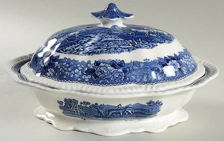 English Scenic Blue (Scalloped) Oval Covered Vegetable