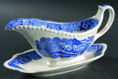 English Scenic Blue (Scalloped) Gravy Boat with Attached Underplate