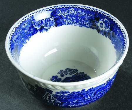 English Scenic Blue (Scalloped) Cranberry Bowl