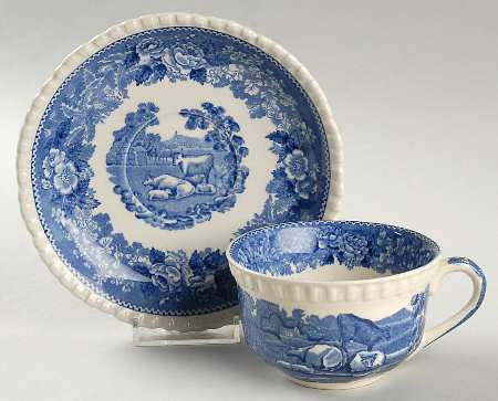 English Scenic Blue (Scalloped) Flat Cup & Saucer Set