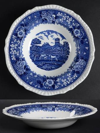 English Scenic Blue (Scalloped) Large Rim Soup Bowl