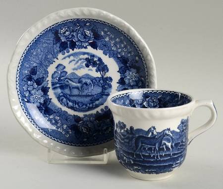 English Scenic Blue (Scalloped) Flat Demitasse Cup & Saucer Set